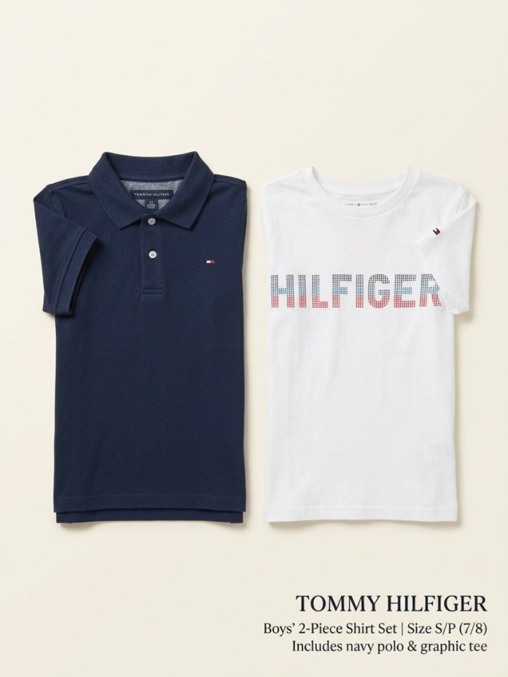 Tommy Hilfiger Boys' 2-Shirt Bundle – Size S/P (7/8) (Navy Polo & Graphic Tee)
